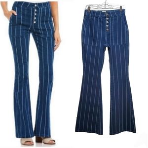 Gianni Bini Striped Flared High Rise Button Fly Denim Jeans